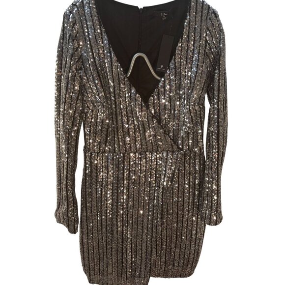 Silver Sequin Long Sleeve Mini Dress With Deep V-Neck Wrap Design & Stretch Wais - Picture 2 of 12